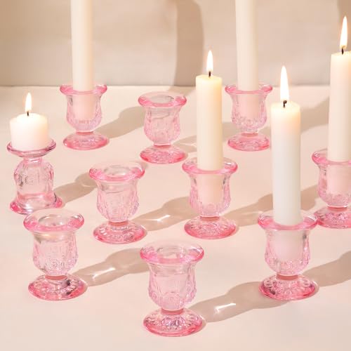 10pcs Pink Candlestick Holders, Glass Taper Candle Holders for Table Centerpiece Decor, Wedding, Valentine's Day, Mother's Day, Party Gift - color: Pink
