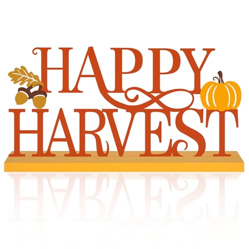 COCHIE Metal Happy Harvest Sign, Orange Fall Decorations for Home, Office, Shelf, Mantel, Indoor, Autumn Pumpkin Decoration, Hello Fall Leave Decor (Harvest) - style: Harvest
