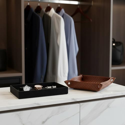 UnionBasic Small Valet Tray, Jewelry Tray for Rings Watches Earrings, Entryway Catchall Caddy for Coins Keys Change, Nightstand Bedside Valet Holder, Trays for Electronic Gadgets, Woven Leather Brown - color: Woven Leather Brown, size: 5.4" x 5.4" x 1.6"