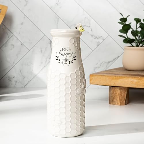 Young's Inc. Ceramic Flower Vase (Bee Happy) - White Ceramic Vase - Honeycomb Decor - 3" L x 3" W x 8" H Contains one Flower vase - color: Vase ("Bee Happy")