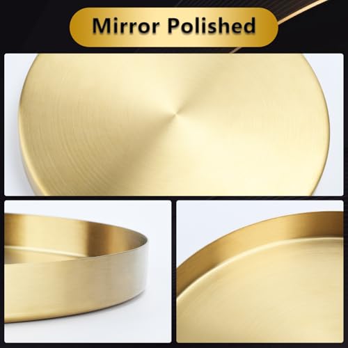 Round Brass Gold Serving Tray, 12 inch Golden Serving Platter for Coffee Table Display, Round Decorative Tray for Home Decor