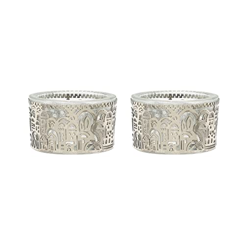 Yair Emanuel Tea Light Candle Holders for Shabbat | Shabbos Candlestick Holders | Glass with Metal Decoration (Jerusalem Silver CSX-3) - color: Jerusalem Silver Csx-3