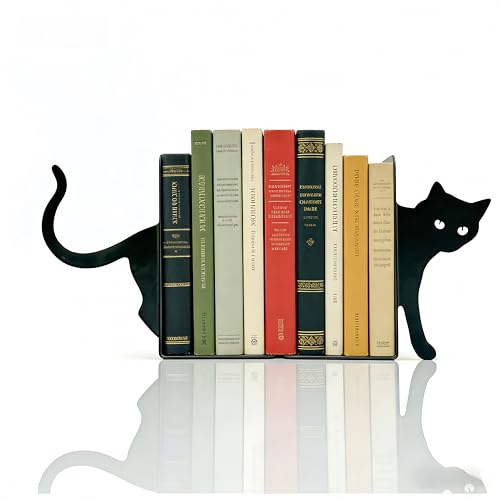 Cute Cat Book Ends Cat Bookends for Shelves, Home Office Desk Gift for Cat Lovers and Reading Enthusiasts - color: Black