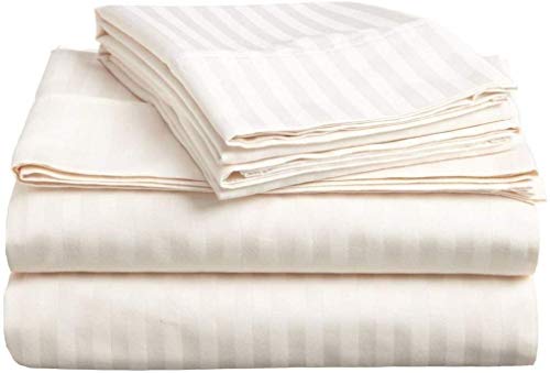Italian 1500 Thread Count Heavy Soft Egyptian Cotton Sheet Set DEEP Pocket, Queen, Ivory Stripe, Premium Italian Finish (Features : Fully Elastic Fitted Sheet Fits 7-9" Pocket) - color: Ivory ( Stripe ), size: Queen Size (Fits 7-9 in Pockets)