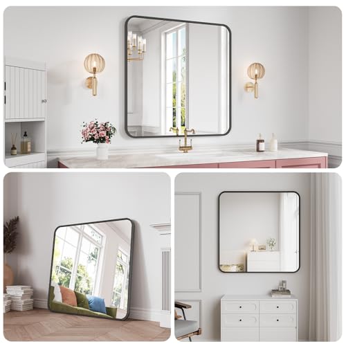 Koonmi Bathroom Mirror, 36X36 Brushed Black Metal Framed Wall-Mounted Mirror for Over Sink, HD Tempered Glass, Anti-Rust, Rounded Rectangle Mirror for Restroom, Bedroom, Hangs Horizontal or Vertical - color: Rounded Edged, size: 36"L x 36"W