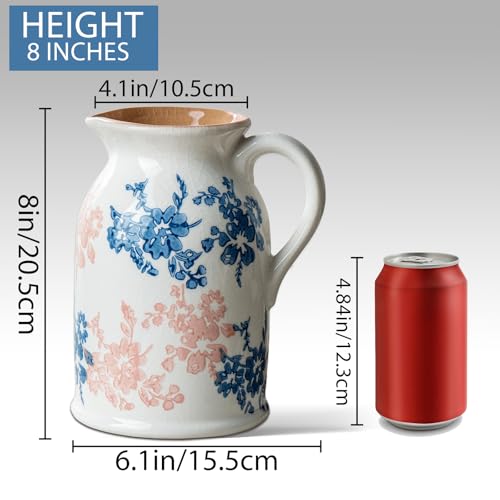 Pink Blue and White Pitcher Vase, 8 Inch Vintage Chinoiserie Ceramic Flower Vase, Rustic Retro Ice Cracked Antique Porcelain Vases for Home Farmhouse Table Centerpieces Shelf Decor ﻿ - color: Pink & Blue, size: Pitcher
