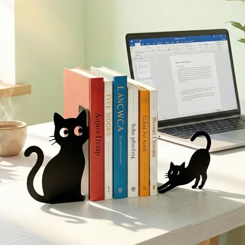 Sanwarm Metal Bookends Funny Cats Black Book Ends Decorative Bookend for Home Office Library Desk Book Shelves Decor, Gift for Reading Enthusiasts Non-Skid Book Stoppers Holder (1 Pair) - color: Black Cat 5