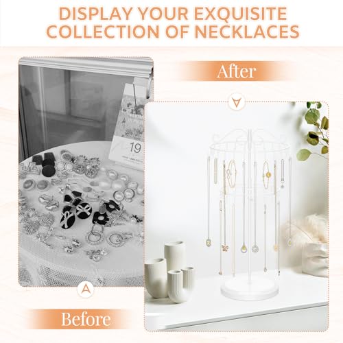 iDavosic.ly 2 Tier Rotating Necklace Holder Organizer with 42 Hooks, Adjustable Metal Bracelet Display Stand Rack, Extra Tall Keychain Spinning Tree Tower for Women, White - color: White
