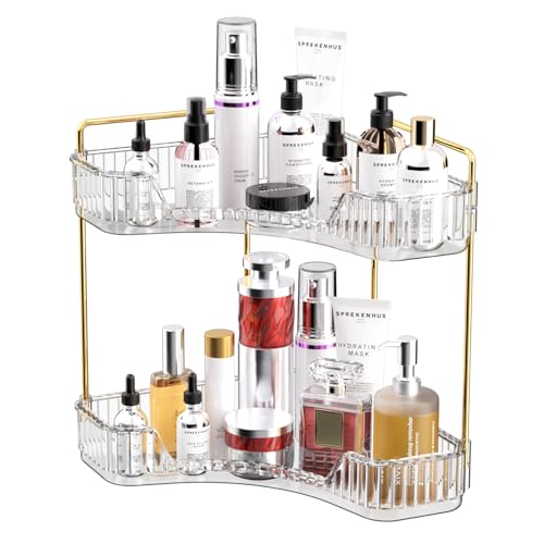 GTI 2 Tier Bathroom Counter Organizer, Multi-Function Corner Bathroom Organizer Countertop,Makeup Organizer Perfume for Dresser Vanity Tray, Spice Rack Organizer for Kitchen (Clear) - color: Clear, size: 10" x 10" x 11.7"