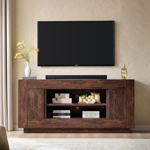 OKD Modern 70" TV Stand, Entertainment Center for TVs Up to 80", Media Console with Large Open Storage & Side Cabinets, Thick Wood Design for Living Room, Dark Walnut - color: Dark Walnut
