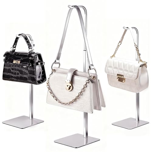 3 pcs Purse Holder Handbag Display Stand: Silver Hanger Rack for Bags, Purses, and Wreath, Adjustable Hook Stand for Tabletop, Closet, and Retail Use for Vendors - color: Silver
