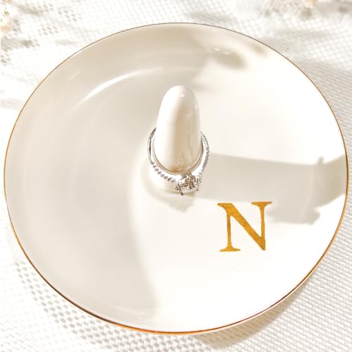 Ceramic Initials Jewelry Tray Ring Dish With Personalized N-Monogrammed Engagement Wedding Gifts, for Birthday Mother's Day for Women, Ceramic White 4.7" x2.4" - style: N