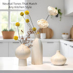 White Ceramic Vase Set of 3 in Beige, Modern Aesthetic Stone-Look Textured Pottery Vases for Shelf & Bookshelf Home Decor, Neutral Minimalist Decorative Vases for Flowers & Pampas Grass