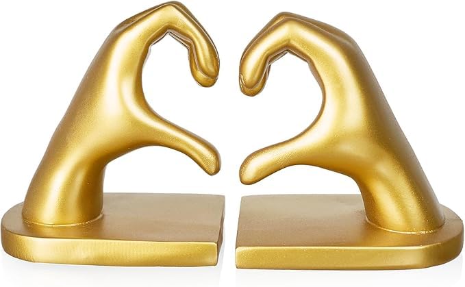 1Pair/2Piece Gold Heart Hands Book Ends, Non-Slip Heavy Duty Bookends for Shelves, Unique Sculptural Book Stopper for Home Bedroom, Living Room & Office Desk Decor