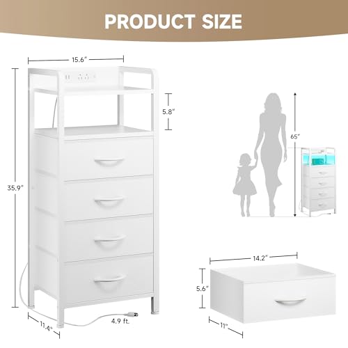 Lazzanto Night Stand Bedside Charger Bedroom - Nightstand with Charging Station, 2 U-S-B Ports & 2 AC Outlets, Tall Bed Side Table with LED Light Strip, Storage Shelf & 4 Fabric Drawers, White - color: White, size: 4 Drawers