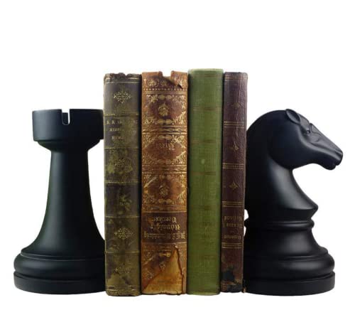 Decorative Chess Bookends for Shelves, Book Ends Decorative for Office Heavy Books, 7x7x4 inches, Black,1Pair/2Piece (Chess)