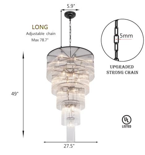 Large Black Chandeliers for High Ceilings H49 5-Tier Glass Chandelier Light Fixture for Foyer Dining Room Extra Long Modern Tiered Chandelier for Living Room Entranc Stairway Villa - size: Long Black (27.5" x 49")