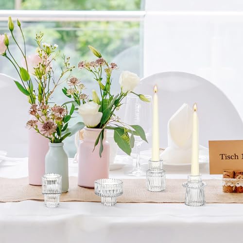 Taper Votive Candle Holder for Pillar Candles Tealight, Candlestick Holder for Wedding Christmas Tea Party, Boho Ribbed Vintage Crystal Glass Table Centerpiece Decor, Bulk Set of 6 (Clear) - color: Clear