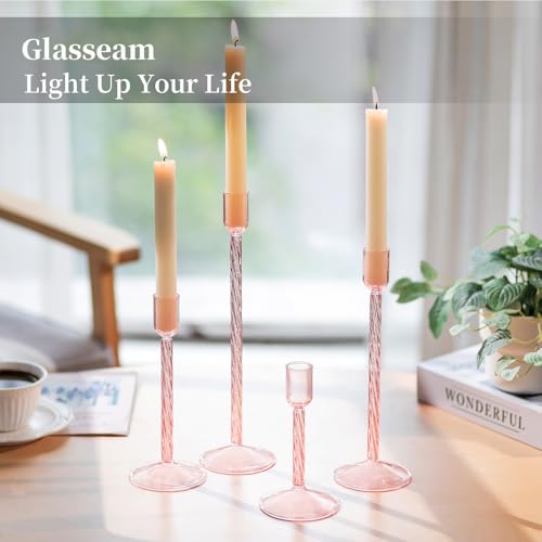 Glasseam Glass Candlestick Holders Pink: Set of 4 Tall Taper Candle Holders for Candlesticks Decorative Tapered Candles for Table Centerpiece Wedding Christmas Home Decor - color: Pink
