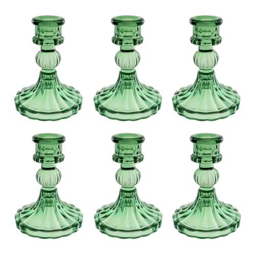 Glass Candlestick Holder,Striped Taper Candle Holders,Set of 6 Candle Stand for Table Centerpieces, Home Decor,Weddings,Festival and Parties (Green Stripe Pattern) - color: Green Stripe Pattern