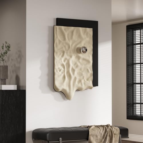 Large 3D Textured Vertical Abstract Wall Art Decor, Modern Black Cream Carved Sandstone Texture Artwork for Walls, Minimalist Sculptural Wall Decor for Living Room, Hallway, Dining Room, Office - color: 3D Black and Beige Wall Art, size: 39"L x 28"W