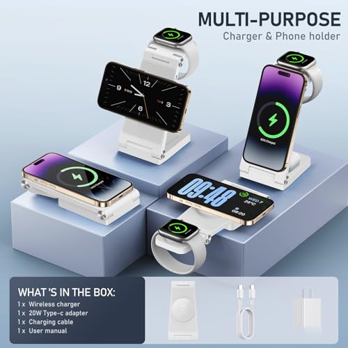 Magnetic Wireless Charger Stand, 3 in 1 Foldable Wireless Charging Station with 20W Adapter, Travel Charger for Multiple Devices for iPhone 16 15 14 13 12 Pro/Max/Plus/Mini, iWatch, AirPods - color: White