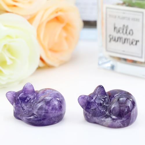 QINJIEJIE Amethyst Cat Decors Natural Healing Crystal Stones Figurine Statue Carved Polished Gemstones Decoration Office Room Desk Purple Decor Purple Gifts for Women Cat Lover Valentine Decor - color: C-purple-amethyst, size: 1.5 inches