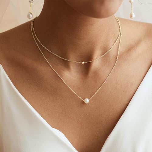 Mothers Day Gifts - 14K Gold Plated Pearl Necklaces for Women Trendy Dainty Necklace Simple Layered Gold Pearl Necklace for Women Mothers Day Wedding Birthday Gifts - color: 4-Layered Pearl