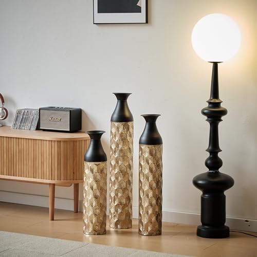 Floor Vases, Tall Home Decor Metal Vase Set of 3 Large Glazed Decorative Vases for Wedding Decor, Elegant Modern Flower Holder for Living Room, Entryway, Hallway, Dining Room - color: Hexagon Black Gold