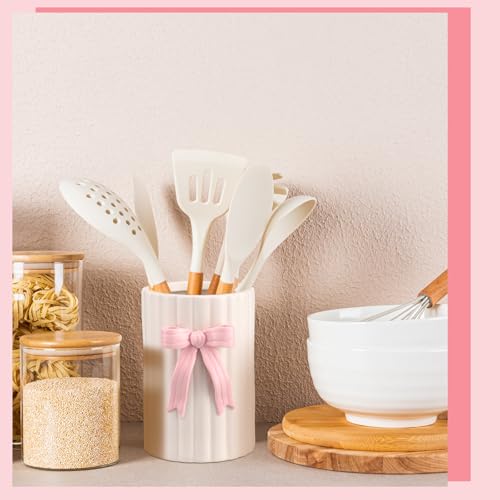 LemonRoad Pink Bow Ceramic Utensil Holder 3D Coquette Handmade Pink Kitchen Decor Mothers Day Kitchen Gifts Cooking Utensil Crock with Scalloped Preppy Caddy Pen Holder Vase for Countertop Spoon - color: Pink, style: Bow