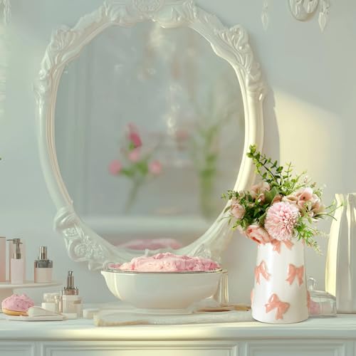 Chunful Embossed Pink Bow Ceramic Vase for Home Decor 7.1 Inch Cute Coquette Gifts for Women Girls Mother's Day Modern Decorative Bouquet Flower White Vases for Living Room Table - style: Pink Bow