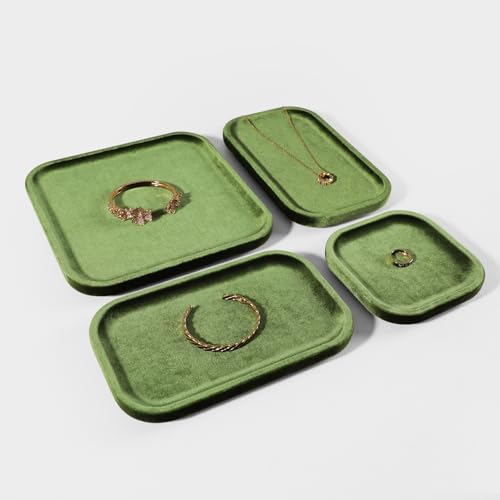 Resilient Velvet Jewelry Display Tray for Ring Earrings Bracelet Necklace, Flat Jewellery Dish for Showcase Store Retail Counter Exhibition Photography Livestream (Olive Green, Large) - color: Olive Green, size: Large