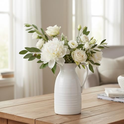 hjn Farmhouse Pitcher Vase for Flowers- Ceramic Pitcher White Flower Vase for Your Kitchen/Home Decor/Office/Living Room/Bookshelf/Mantel/-White - color: White - Pitcher Vase