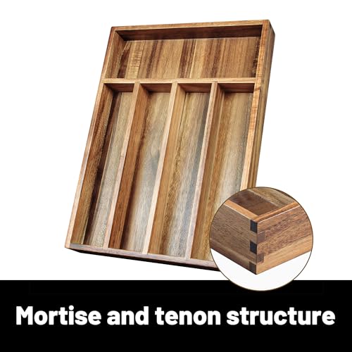 KITEISCAT Acacia Wood Silverware Organizer, Kitchen Utensil Drawer Organizer for Forks, Knives & Spoons, 5-Compartment Cutlery Tray, Flatware Holder - size: 5 Compartments