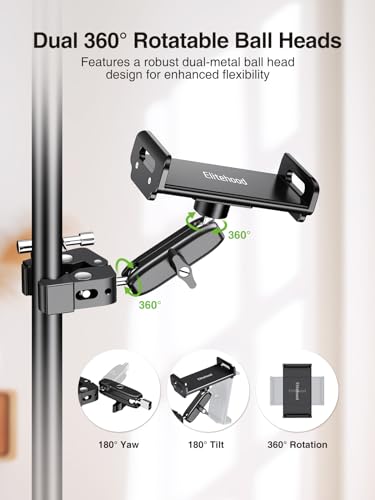 elitehood Aluminum Dual Ball Head Tablet Holder for Mic Stand, Adjustable iPad Mic Stand Holder, Strong Metal iPad Clamp Mount for Aircraft Yoke, Loader, Tractor, Boat, Wheelchair, Stroller, Treadmill - size: 6in - Dual Ball Joint