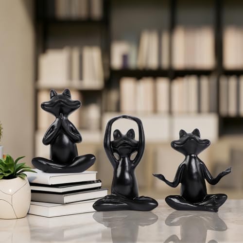 Suoedd Black Frog Figurines Yoga Decor Set of 3 –Frog Yoga Statues for Modern Living Room Table Office Bookshelf Shelves Home Sculptures Decor - color: Black Frog-3