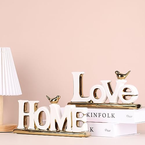 White and Gold Decor Statue - Home and Love Sign Decoration - Gold Bird with Home Sculpture - Figurine Decorative Ornaments for Living Room, Bedroom, Desktop, Cabinets - color: White+gold, style: 2 Pcs
