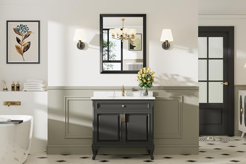 Briivue 20x28 Inch Black Bathroom Mirror for Wall, Thick Metal Framed Rectangle Mirrors for Over Sink, Bedroom, Living Room, Entryway, Anti-Rust, HD Tempered Glass - color: Black, size: 20"L x 28"W