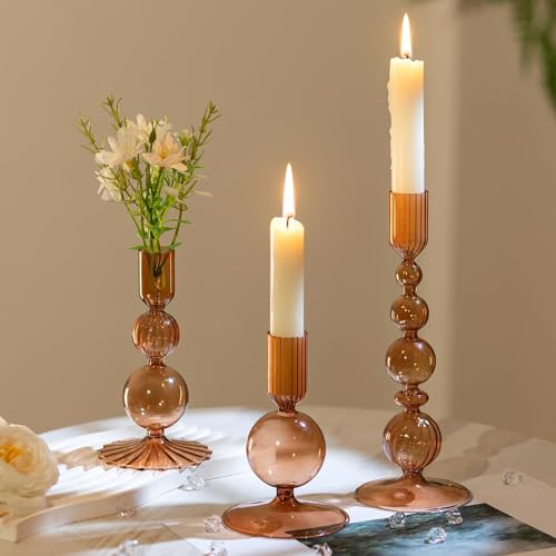Hewory Glass Candlestick Holders Set: 3PCS Brown Candle Holder Taper Candle Holders Bulk, Crystal Ribbed Candle Sticks Holder Decor for Table Centerpiece Wedding Christmas Thanksgiving Dinner - color: Brown
