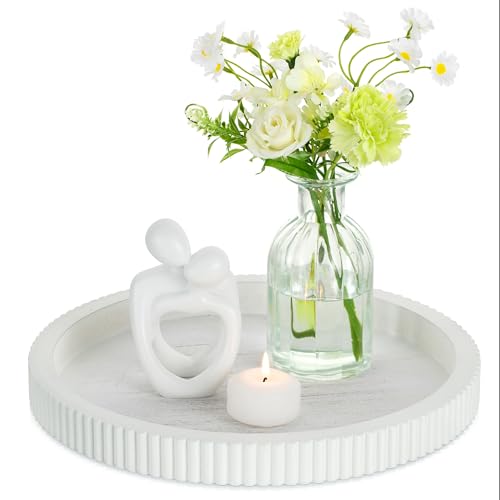 Hanobe Decorative Tray for Coffee Table: White Round Trays for Living Room Ottoman Centerpiece Home Decor 12" Modern Farmhouse Topper Dining Kitchen Island Tabletop Display - color: White