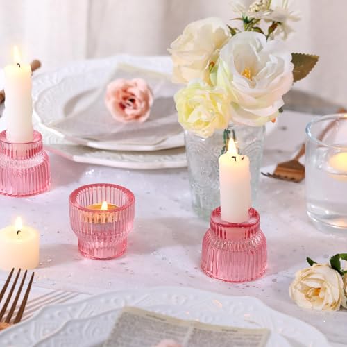 HAVITI 12 Pack PinkTaper Candle Holders, Glass Candlestick Holders, Tea Light Candle Holder for Fall Wedding Centerpieces Table Decorations, Votive Candle Holders for Table Decor - color: Pink