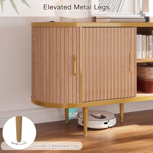 EROMMY 70" Fluted TV Stand, TV Entertainment Center with Storage for TVs Up to 80", Modern TV Console with Faux Marble Top, Curved Design, Tambour Sliding Doors (Natural Oak) - color: Natural Oak