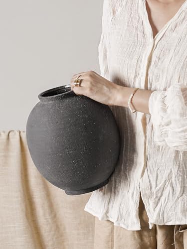 Large Blak Ceramic Vase - 9.8 Inch Rustic Farmhouse Flower Vase for Home Decor, Minimalist Tall Vases for Living Room, Table, Bathroom, Holiday & Weddings,Sandstone Dark Grey - color: Sandstone Dark Grey, size: 9.8 inch