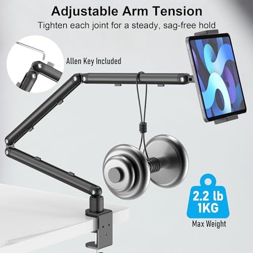 iPad Holder for Desk, Adjustable Tablet Arm iPad Desk Mount with C-Clamp, 30" Foldable Long Arm & 360° Rotation, Fits 4.7"–15.6" i Pad Pro/Air/Mini, Phones & 15.6" Portable Monitors for Desk/Bed Use - color: Black