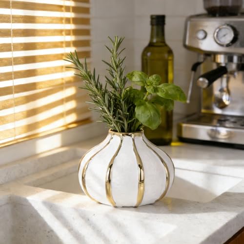 White Gold Home Decor Vase, Round White Bud Ceramic Vase for Flowers, Luxury Home Decoration, Dining Table Centerpiece (E-White)