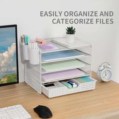 LEKETREE Desk Organizer and Accessories, 5-Tier Paper Letter Tray Organizer with Drawer & 2 Pen Holders for Desktop File Organization, Office Desk Accessories for Supplies Storage (White) - color: White, size: 12" x 8" x 10"