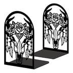 Peacoblue Metal Bookends for Shelves, Modern Decorative Heavy Duty Study Book Ends Stoppers for Office Desk Shelf Room 5.3"x4.3"x7.9" Cast Iron Tall Bookends 1 Pair (Bohemia Bull Skull with Feathers) - style: Bohemia Bull Skull with Feathers