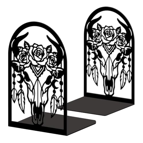 Peacoblue Metal Bookends for Shelves, Modern Decorative Heavy Duty Study Book Ends Stoppers for Office Desk Shelf Room 5.3"x4.3"x7.9" Cast Iron Tall Bookends 1 Pair (Bohemia Bull Skull with Feathers) - style: Bohemia Bull Skull with Feathers