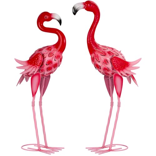 XONOR Metal Garden Flamingo Statues and Sculptures, Set of 2 Pink Outdoor Metal Flamingos Bird Art for Home Yard Patio Lawn Backyard Porch Decorations
