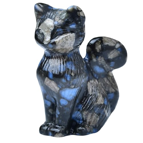 Natural Blue Amphibole Crystal Cat Statue 2.4 Inch - Handmade Healing Sculpture, Lucky Guardian Pocket Statue for Reiki Meditation, Office & Home Decoration Gift - color: Blue Amphibole